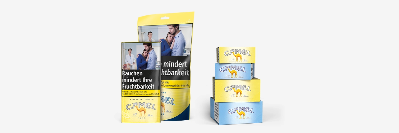 Produktübersicht Camel Tabak Pouches und Zigarettenpackungen