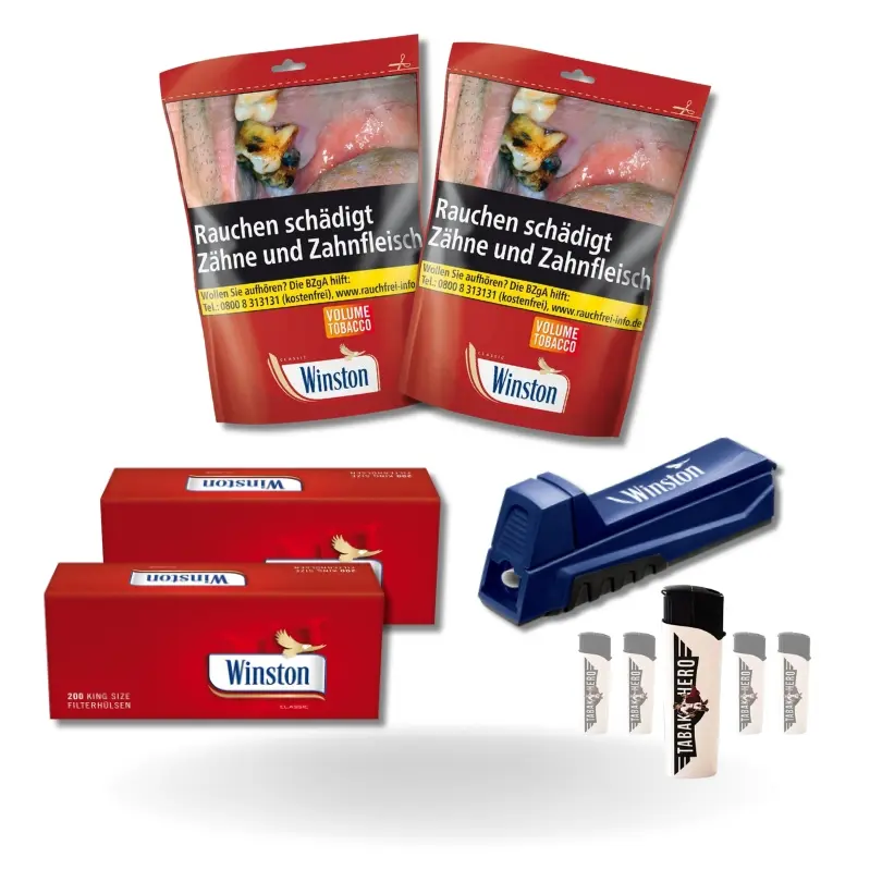Bundle: Winston Red Stopftabak (2x105g) + Winston Hülsen King Size (2x200 Stück) + Winston Stopfer Duo + Feuerzeuge