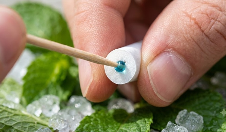 Anleitung: Blaue Menthol Aromakugel wird mit einem Holzstäbchen in den Zigarettenfilter gedrückt