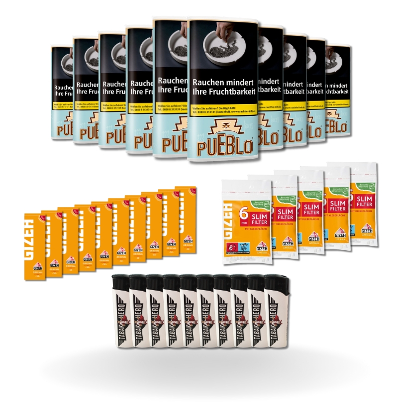 Bundle: Pueblo Blue Drehtabak (10x30g) + Gizeh Papes (10x50 Stück) + Gizeh Filter (5x120 Stück) + Feuerzeuge (10 Stück)