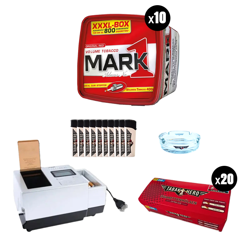 Bundle: Mark Adams 1 Stopftabak (10x400g) + Tabakhero Hülsen (20x200 Stk.) + Feuerzeuge (10 Stk.) + Powermatic 3+ Elektrische Stopfmaschine