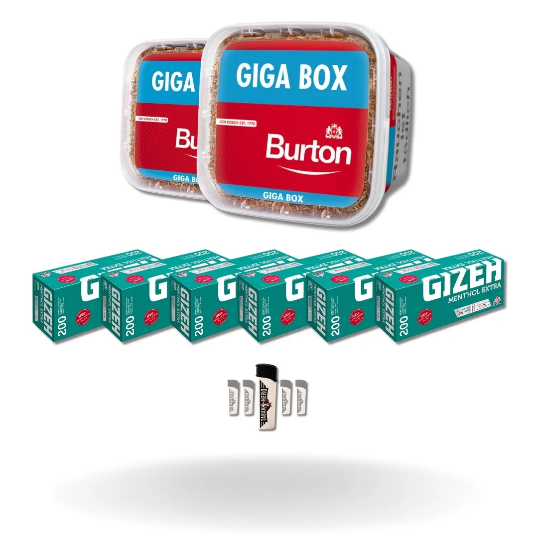 Bundle: Burton Red Stopftabak (2x400g) + Gizeh Menthol Hülsen Extra Size (6x200 Stück) + Feuerzeuge (5 Stück)