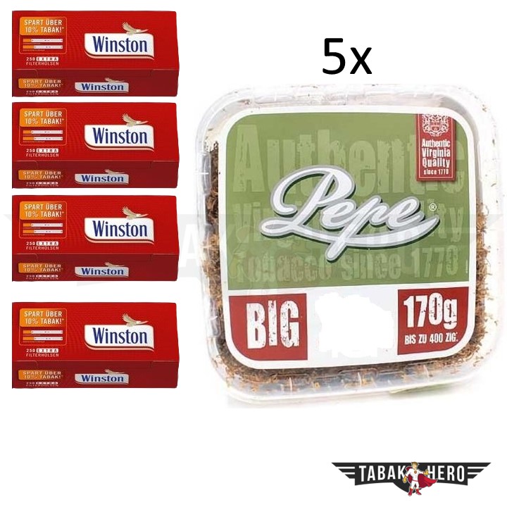 Bundle: Pepe Rich Green Tabak (5x170g) + Winston Red Extra Hülsen (4x250 Stück)