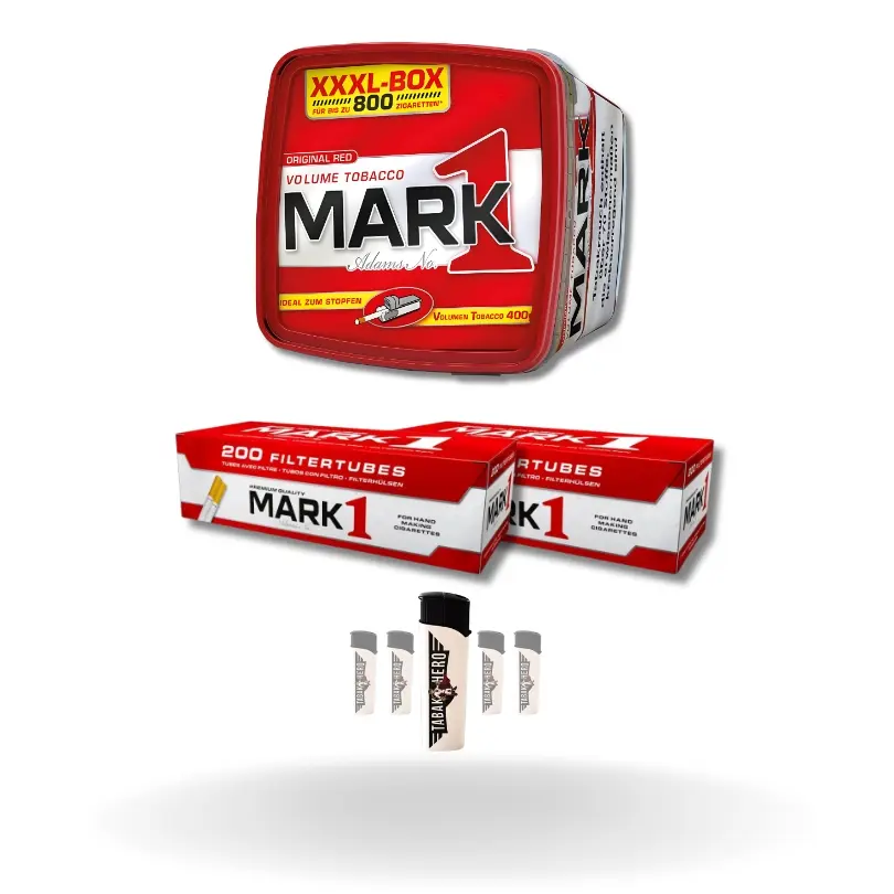 Bundle: Mark Adams 1 Stopftabak (400g) + Mark Adams 1 Hülsen King (2x200 Stück)  + Feuerzeuge (5 Stück)