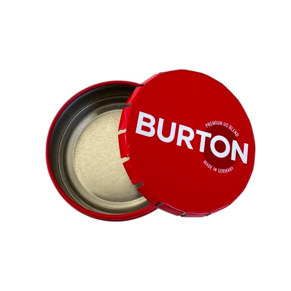 Runder Burton Taschenaschenbecher aus Metall in Rot mit geöffnetem Klickdeckel