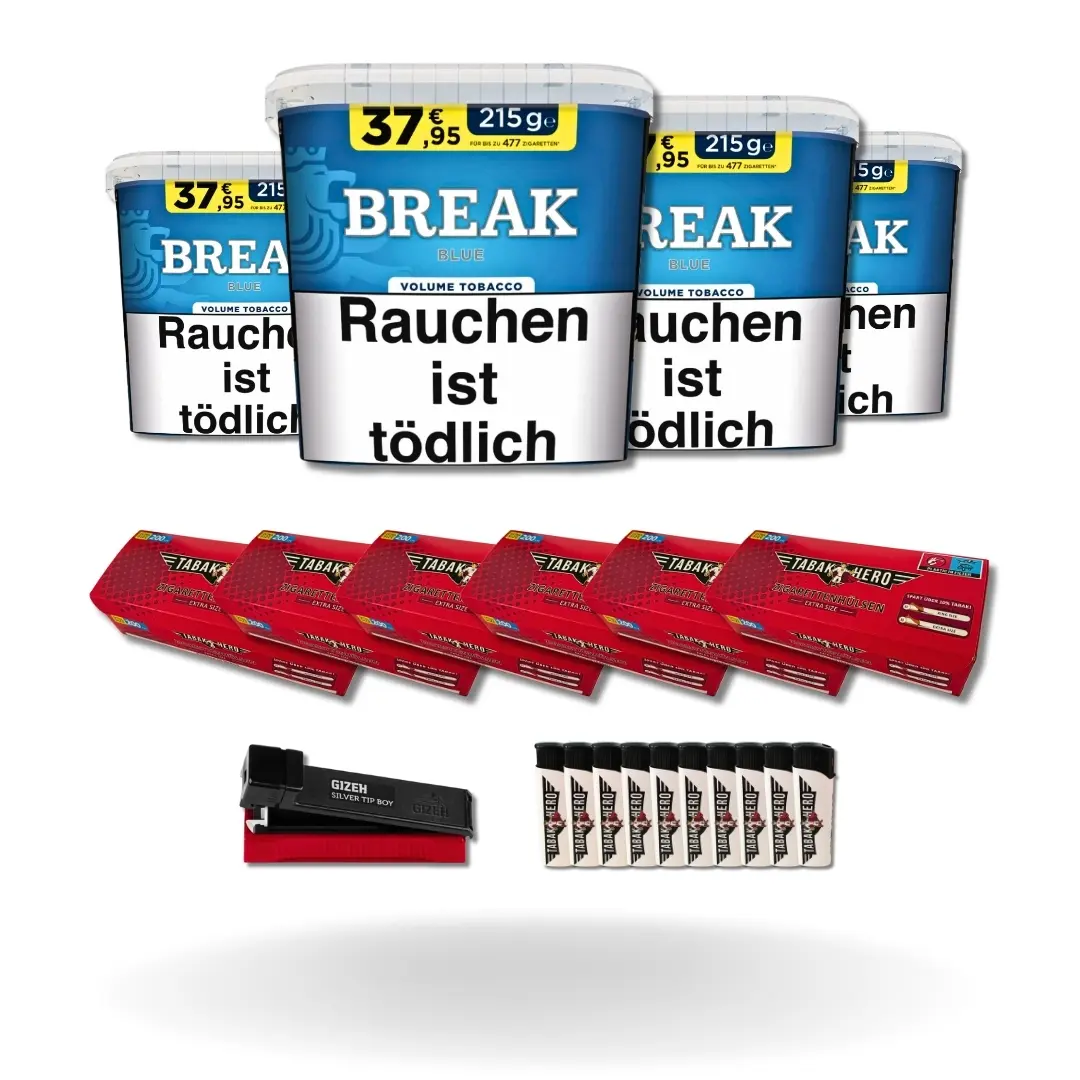 Bundle: Break Blue Stopftabak (4x195g) + Tabakhero Hülsen Extra Size (6x200 Stück) + Gizeh Stopfgerät + Feuerzeuge (10 Stück)