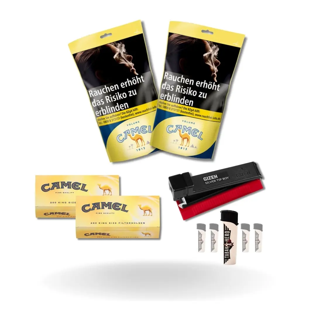 Bundle: Camel Yellow Stopftabak (2x96g) + Camel Hülsen King Size (2x200 Stück) + Gizeh Stopfer + Feuerzeuge (5 Stück)