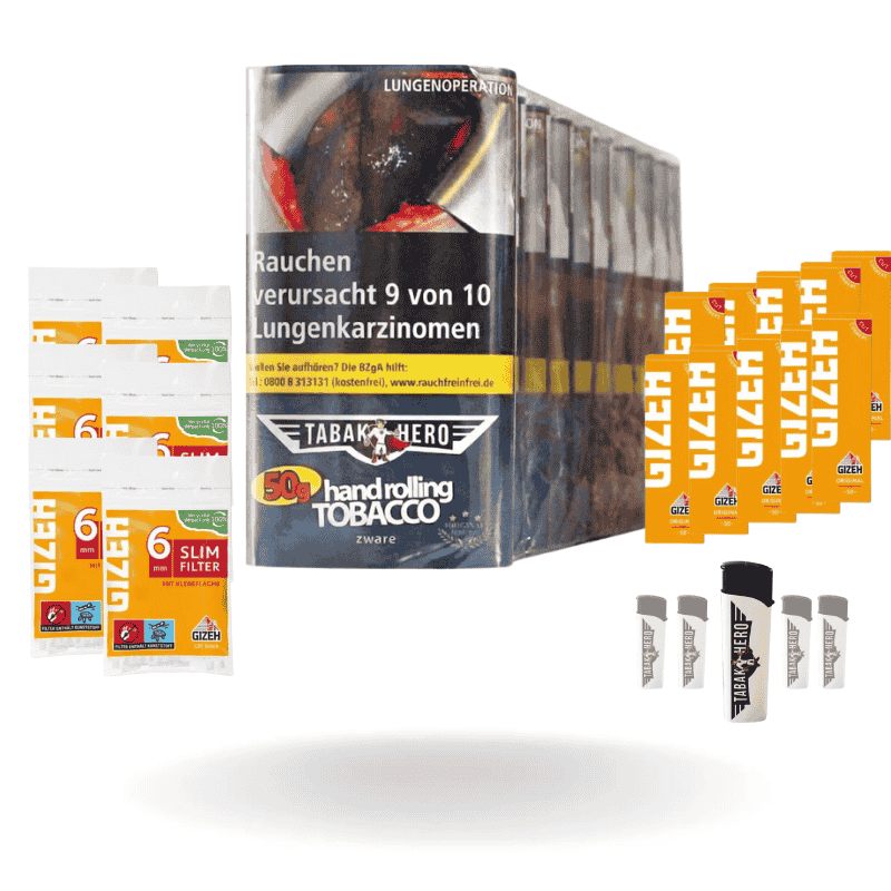 Bundle: Tabakhero Zware Pouch (10x50g) + Gizeh Zigaretten Papes Original (10x50 Stück) + Gizeh Zigaretten Filter Slim (6x120 Stück) + Feuerzeuge (5 Stück)