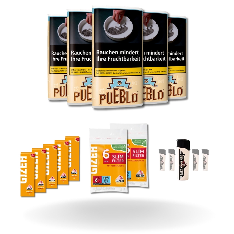 Bundle: Pueblo Classic Drehtabak (5x30g) + Gizeh Papes (5x50 Stück) + Gizeh Filter (2x120 Stück) + Feuerzeuge (5 Stück)