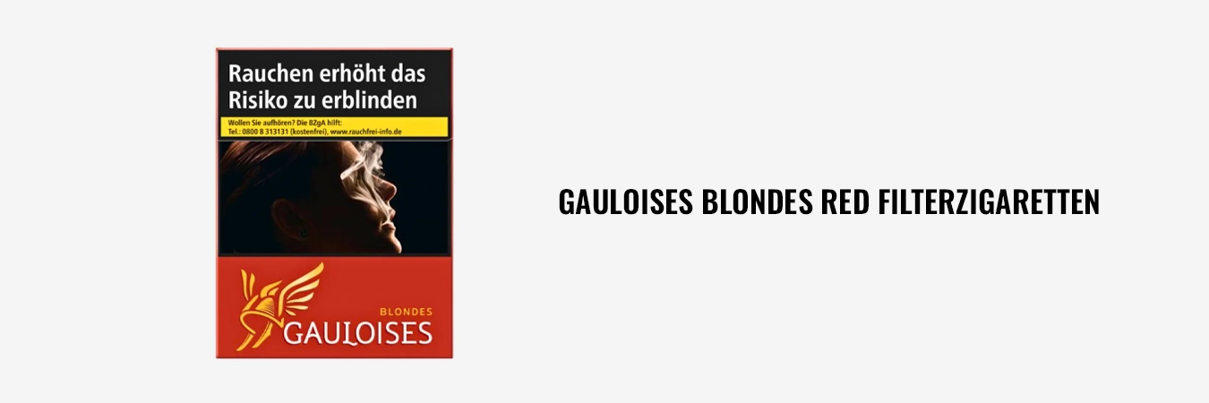 Zigarettenpackung Gauloises Blondes Red, Vorderseite mit gesetzlichem Warnhinweis.