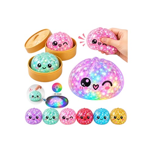 Dumpling LED Stars Mystery Squishy (ca. 8,5 cm) mit RGB-Beleuchtung, Sternen-Design und Dämpfer-Behälter in zufälliger Farbe.