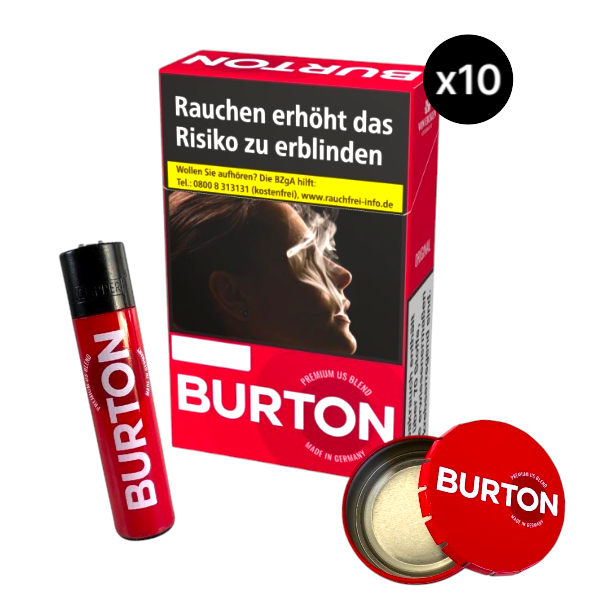 Set aus einer Stange Burton Original Zigaretten (10x20 Stück), original Burton Feuerzeug und rotem Taschenaschenbecher