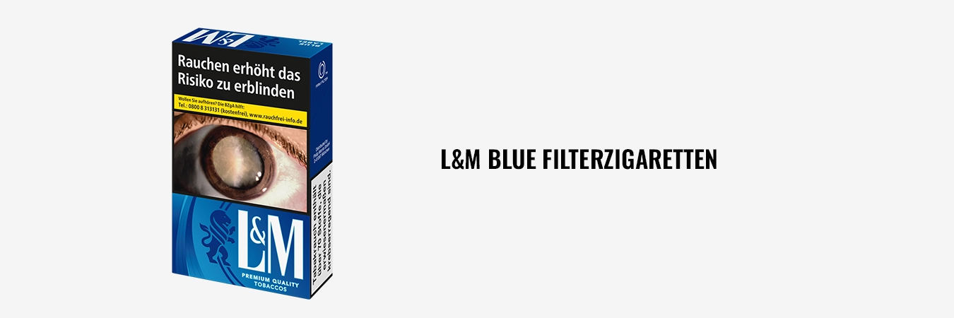 Zigarettenpackung L&M Blue, Vorderseite mit gesetzlichem Warnhinweis.