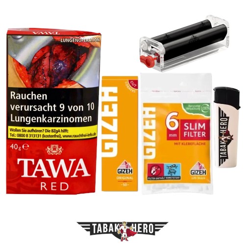 Anfänger Set zum Zigaretten drehen mit Tawa Red Tabak, Gizeh Drehmaschine, Blättchen und Filtern