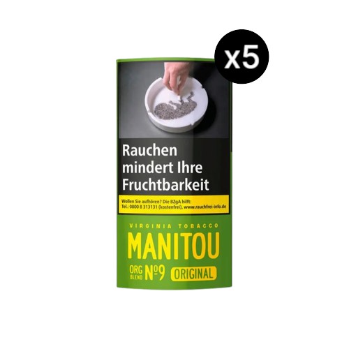 Bundle mit Manitou Organic Green No.9 Drehtabak 5x30g Pouches. Naturbelassener Virginia Blend für eine hochreine Abbrand-Thermodynamik und beste Dreheigenschaften.