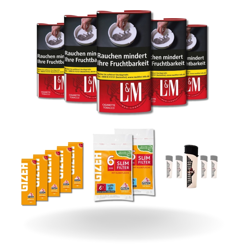 Bundle: L&M Red Drehtabak (5x30g) + Gizeh Papes (5x50 Stück) + Gizeh Filter (2x120 Stück) + Feuerzeuge (5 Stück)