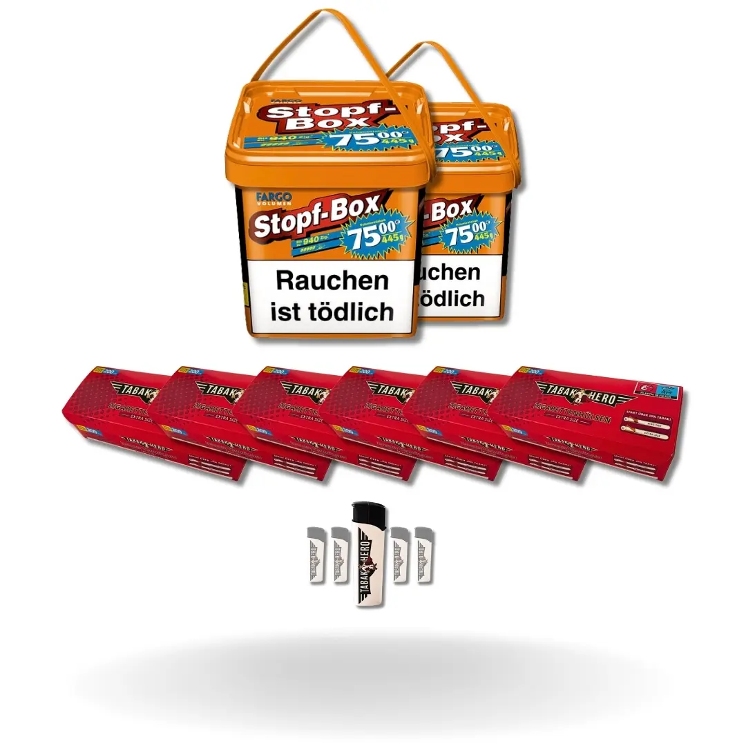 Bundle: Fargo Stopf-Box Stopftabak (2x420g) + Tabakhero Hülsen Extra Size (6x200) + Feuerzeuge (5 Stück) 