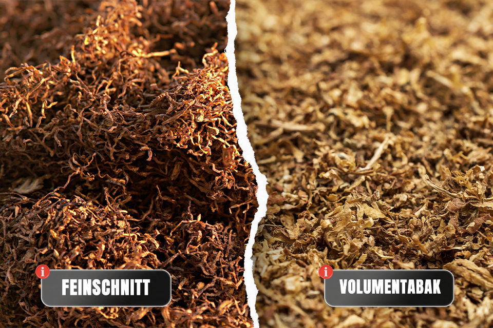 Feinschnitt vs. Volumentabak – Nahaufnahme im Vergleich Vergleich: Feinschnitt vs. Volumentabak im Nahaufnahme-Bild