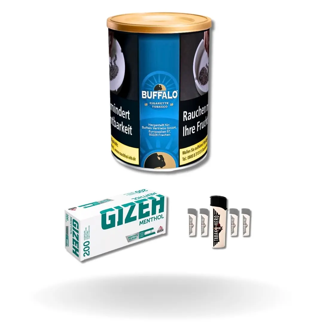 Bundle: Buffalo Blue Halfzware Drehtabak (140g) + Gizeh Menthol Hülsen King Size (200 Stück) + Feuerzeuge (5 Stück)