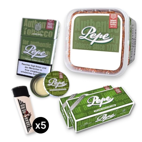 Pepe Rich Green Volumentabak Eimer Bundle mit Zubehör. Zusatzstofffreier, kräftiger Virginia-Blend inklusive King Size Hülsen, dunkelgrünem Metall-Etui, Klickaschenbecher und Feuerzeugen für maximale maschinelle Effizienz.