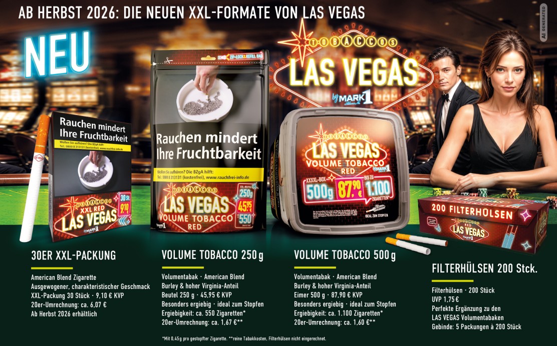 Die neuen LAS VEGAS Red Produkte im Herbst 2026: Die 30er-Zigarettenschachtel und die riesigen XXL-Boxen für Volumentabak.