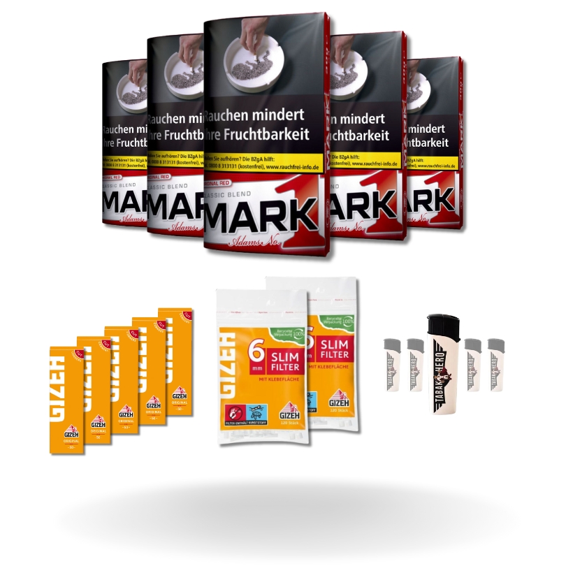 Bundle: Mark Adams 1 Classic Drehtabak (5x30g) + Gizeh Papes (5x50 Stück) + Gizeh Filter (2x120 Stück) + Feuerzeuge (5 Stück)
