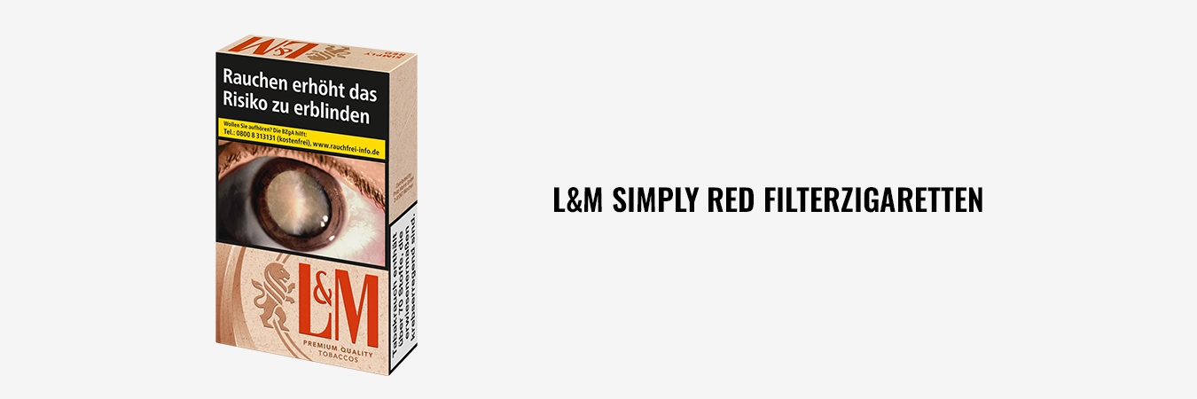 Zigarettenpackung L&M Simply Red, Vorderseite mit gesetzlichem Warnhinweis.