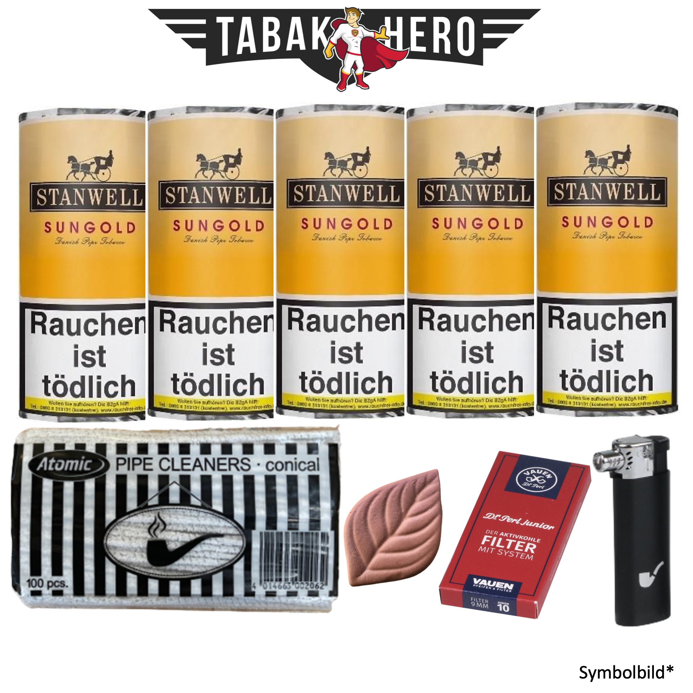 5x Stanwell Sungold (Vanilla) Pouch 40g + Hydrostein + Pfeifen- Feuerzeug. Reiniger & Filter