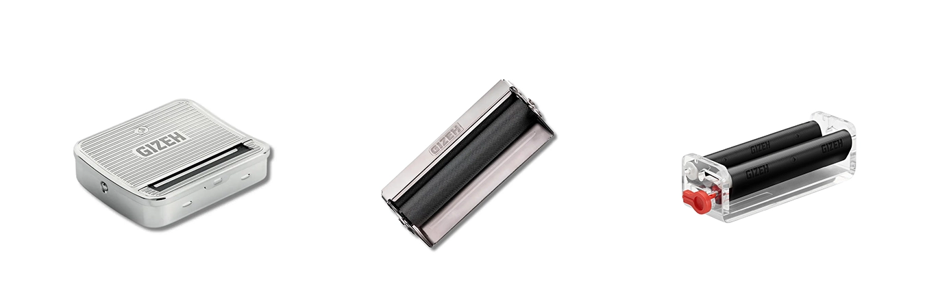 Drei GIZEH Drehmaschinen: silberne Rollbox, Metall-Drehmaschine und Acryl-Drehhilfe mit Doppelwalzen, freigestellt.