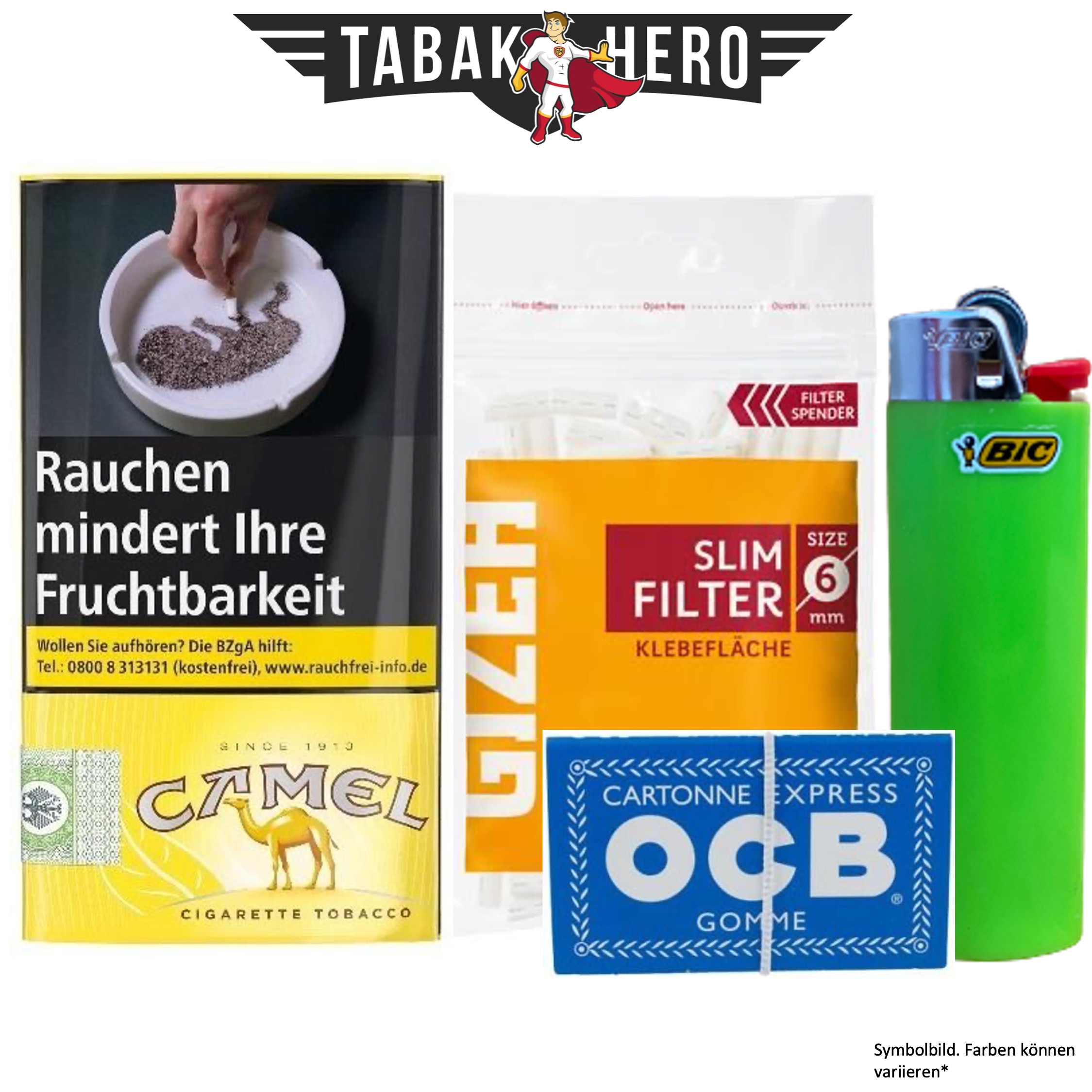 Drehset Camel Tabak 30g + Gizeh 6mm Filter & OCB 100 Blatt Papier + BIC Feuerzeug