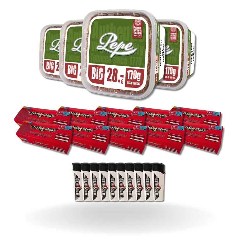 Bundle: Pepe Rich Green Stopftabak (4x170g) + Tabakhero Hülsen Extra (10x200 Stück) + Feuerzeuge (10 Stück)