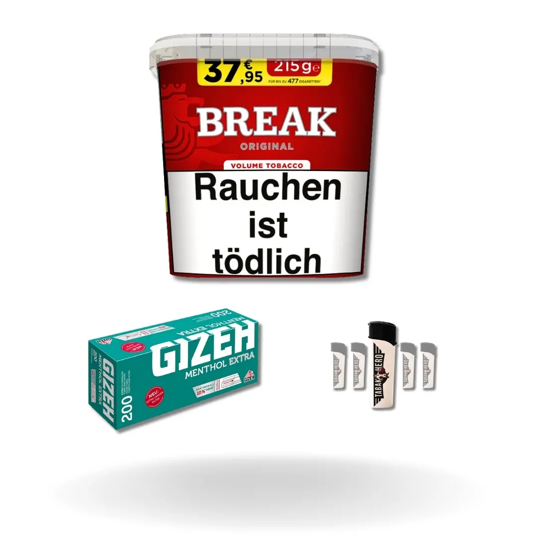 Bundle: Break Red Stopftabak (195g) + Gizeh Menthol Hülsen Extra Size (200 Stück) + Feuerzeuge (5 Stück) 