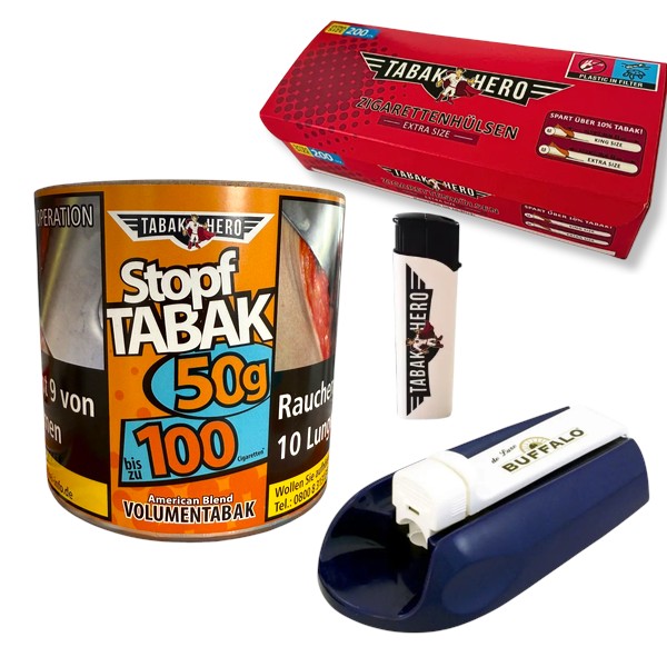 Tabakhero Starter Set um Zigaretten selbst zu stopfen mit Dose, Hülsen und Zigaretten Stopfmaschine