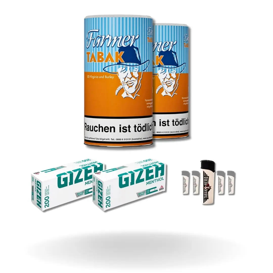 Bundle: Farmer Orange Pfeifentabak (2x160g) + Gizeh Menthol Hülsen King Size (2x200 Stück) + Feuerzeuge (5 Stück) 