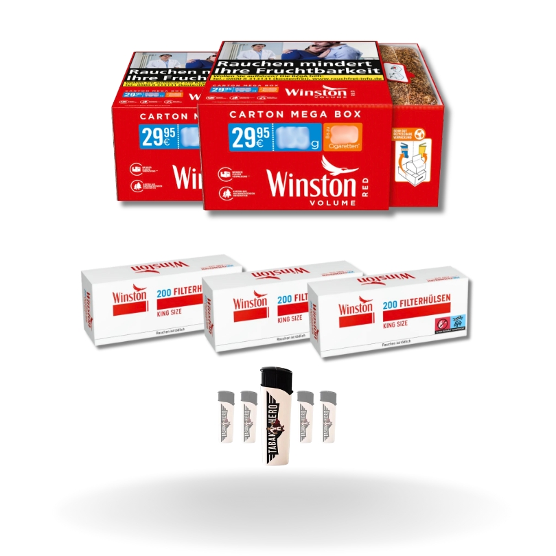 Bundle: Winston Red Stopftabak (2x125g) + Winston Hülsen King Size (3x200 Stück) + Feuerzeuge
