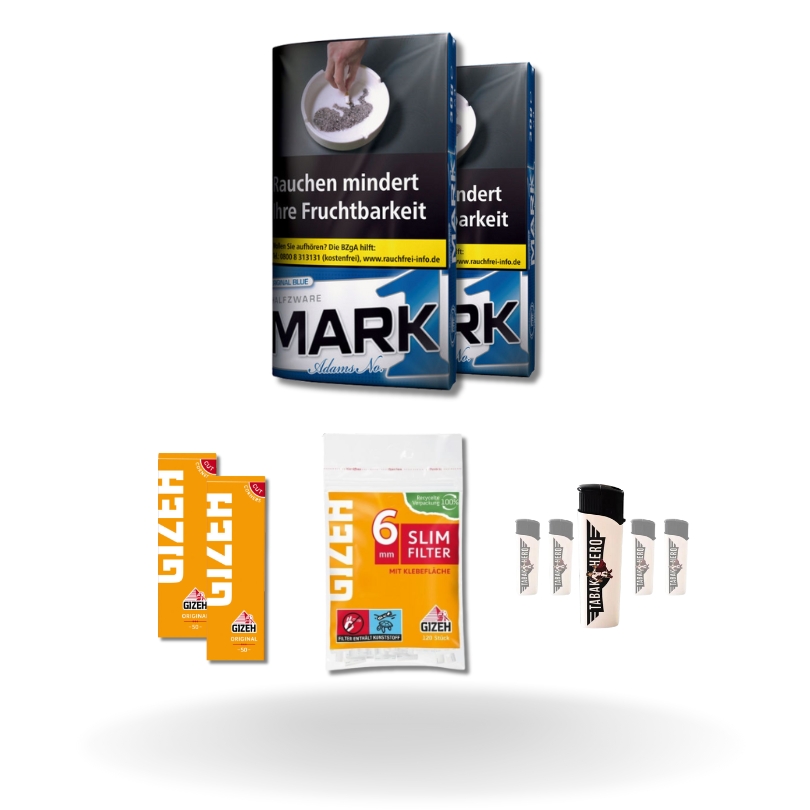 Bundle: Mark Adams 1 Halfzware Drehtabak (2x30g) + Gizeh Papes (2x50 Stück) + Gizeh Filter (120 Stück) + Feuerzeuge (5 Stück)