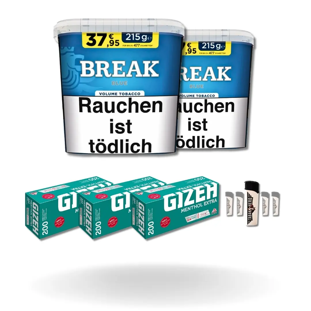 Bundle: Break Blue Stopftabak (2x195g) + Gizeh Menthol Hülsen Extra Size (3x200 Stück) + Feuerzeuge (5 Stück) 