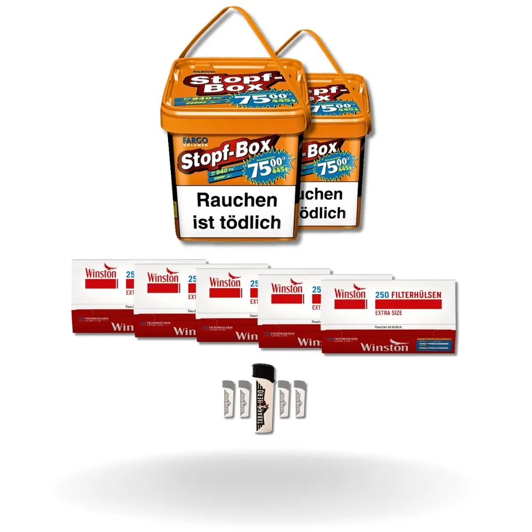 Bundle: Fargo Stopf-Box Stopftabak (2x420g) + Winston Hülsen Extra Size (5x250) + Feuerzeuge (5 Stück) 
