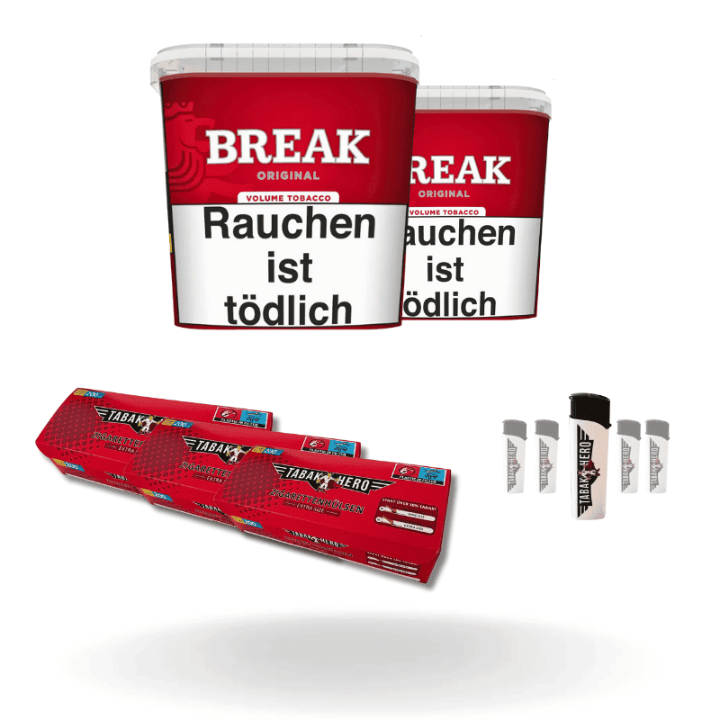 Vorratspaket mit 2x185g Break Red Volumentabak, 600 Tabakhero Extra Size Hülsen und 5 Feuerzeugen