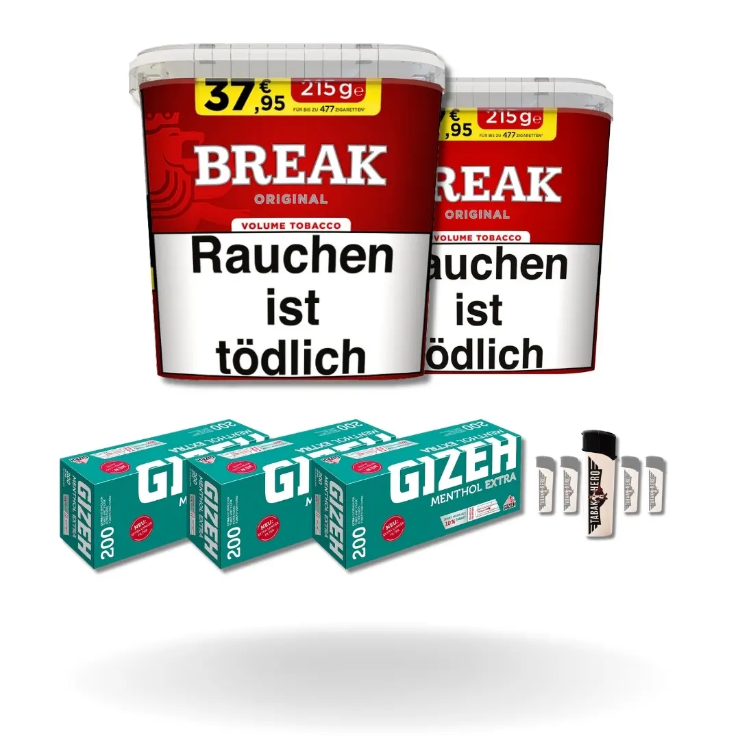 Bundle: Break Red Stopftabak (2x195g) + Gizeh Menthol Hülsen Extra Size (3x200 Stück) + Feuerzeuge (5 Stück) 