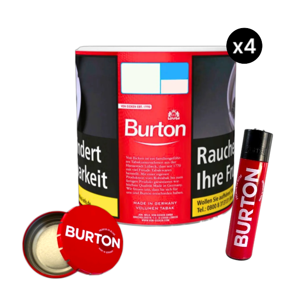 Stopf-Sparset bestehend aus 4 Burton Red Volumentabak Dosen (Wert je 10,50€), Burton Markenfeuerzeug und rotem Taschenaschenbecher