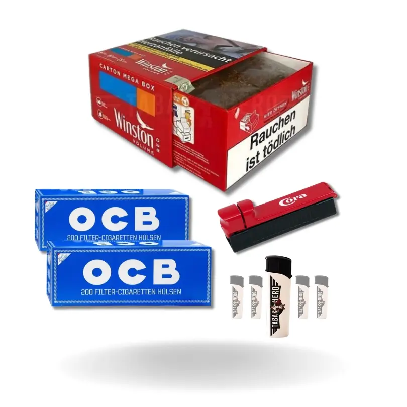 Bundle: Winston Red Stopftabak (125g) + OCB Hülsen King Size (2x200 Stück) + Cora Stopfgerät + Feuerzeuge