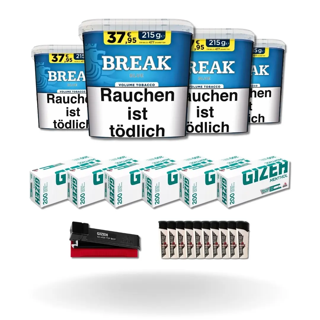 Bundle: Break Blue Stopftabak (4x195g) + Gizeh Menthol Hülsen King Size (6x200 Stück) + Gizeh Stopfgerät + Feuerzeuge (10 Stück) 