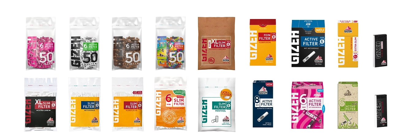 GIZEH Filter und Tips in verschiedenen Varianten – Slim, XL Slim, Active Filter u. a.; mehrere Beutel und Schachteln nebeneinander, Frontansicht.