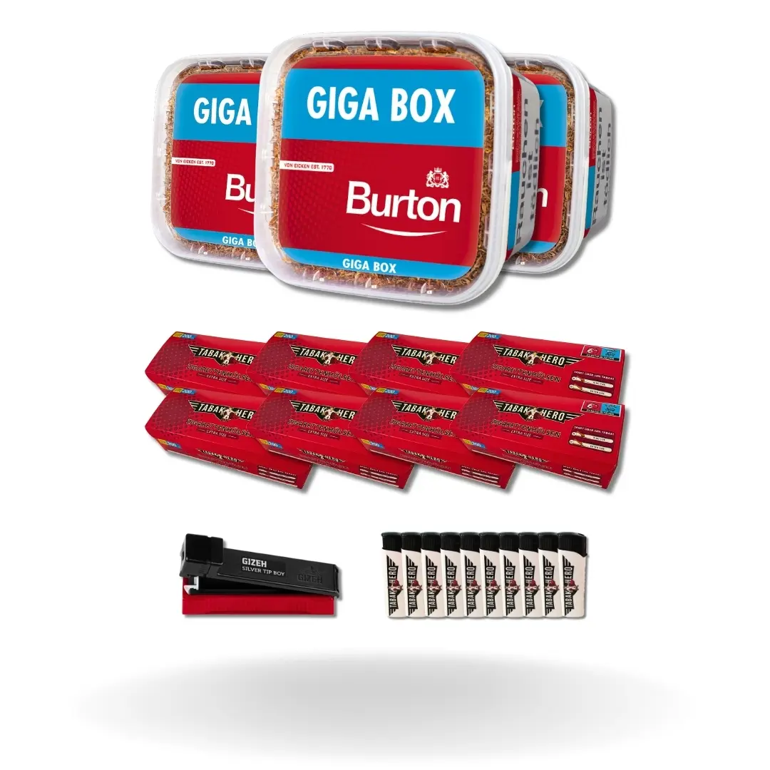 Bundle: Burton Red Stopftabak (3x400g) + Tabakhero Hülsen Extra Size (8x200 Stück) + Gizeh Stopfgerät + Feuerzeuge (10 Stück)
