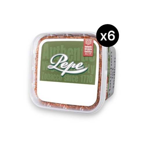 Bundle mit 6 Eimern des Pepe Rich Green Stopftabak 170g. Expandierte, naturbelassene Virginia-Faser-Architektur für makellose Thermodynamik und höchste Stopfeffizienz.