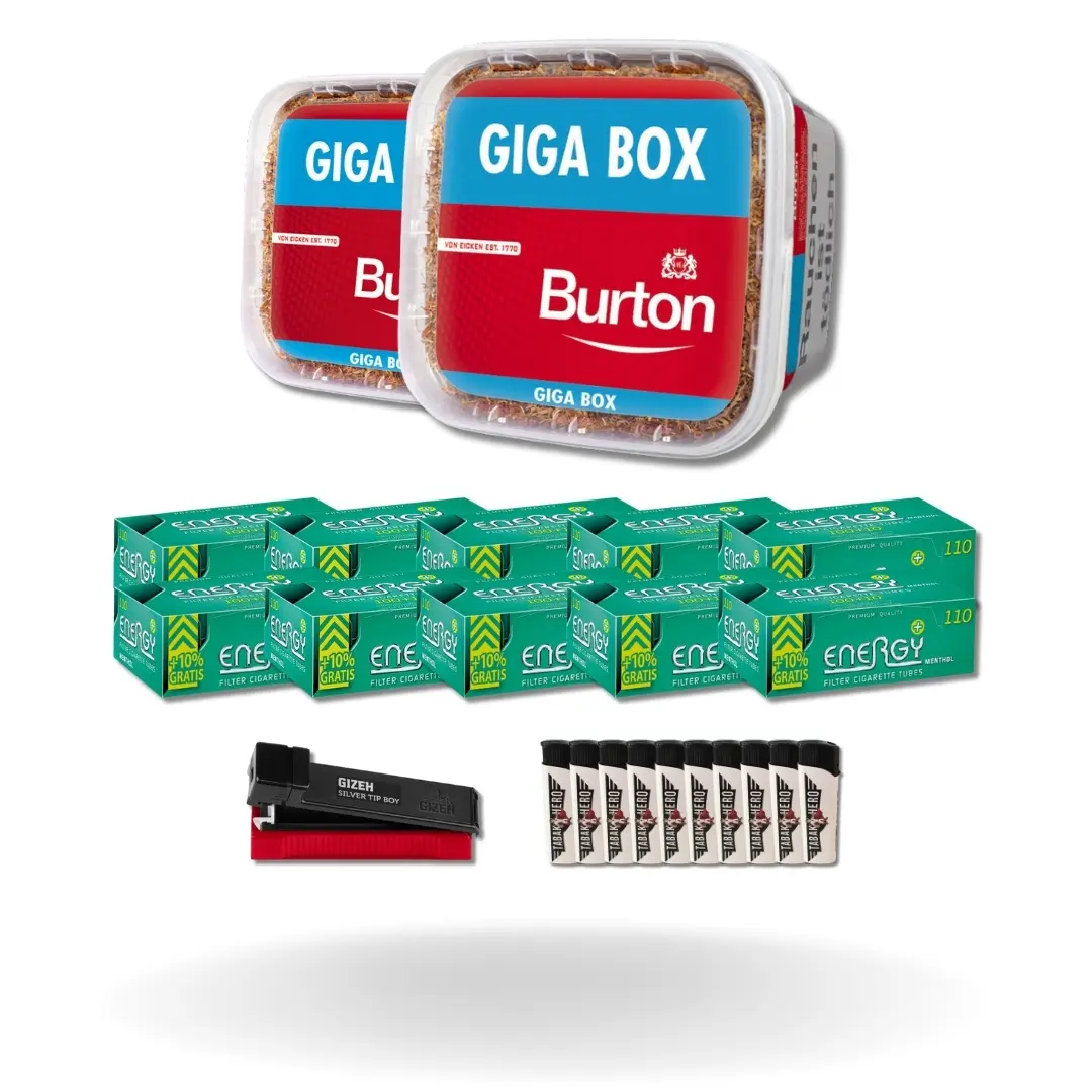Bundle: Burton Red Stopftabak (2x400g) + Energy Plus Menthol Hülsen King Size (10x110 Stück) + Gizeh Stopfgerät + Feuerzeuge (10 Stück)