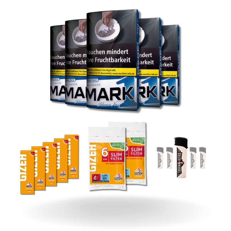 Bundle: Mark Adams 1 Halfzware Drehtabak (5x30g) + Gizeh Papes (5x50 Stück) + Gizeh Filter (2x120 Stück) + Feuerzeuge (5 Stück)