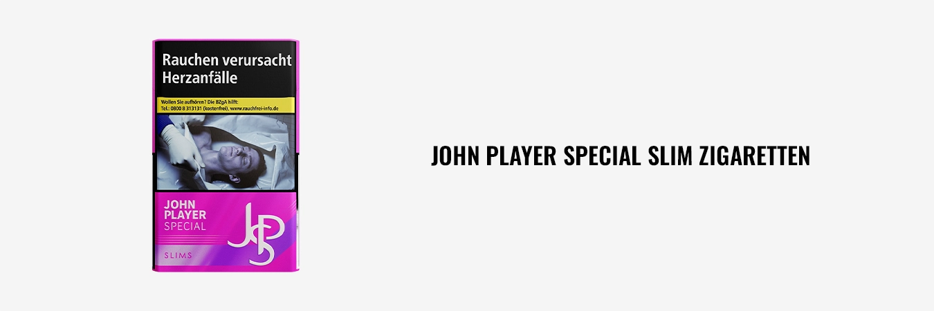 Packung John Player Special (JPS) Slim Zigaretten, Vorderseite mit gesetzlichen Warnhinweisen.