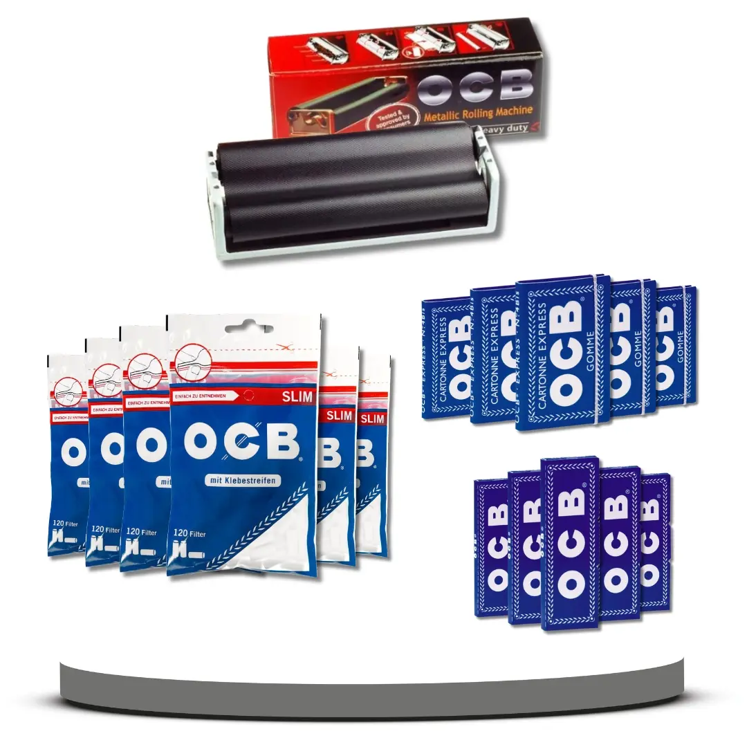Bundle: OCB Metall Roller + OCB Slim Filter (6x120 Stück) + OCB Papes Gummi (5x100 Stück) + OCB Blau Papes (5x50 Stück)